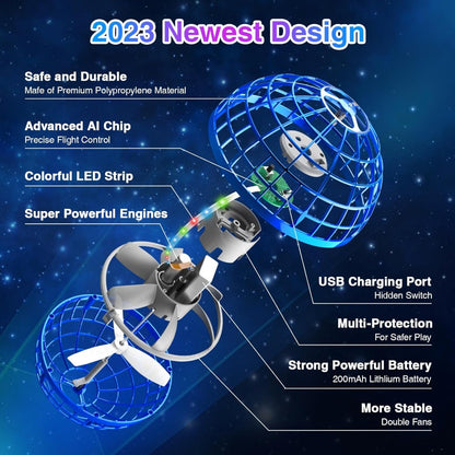 Flying Ball Toy – Hand-controlled Reaction Dart Rotating Drone with LED Lights, Floating Ball Finger Toy, Suitable for Children and Teenagers, Rechargeable Magic Ball, Indoor and Outdoor Play, Christmas and Birthday Gifts (Blue)