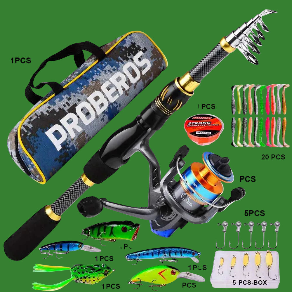 Proberus fishing rod reel set, including spinning reel, 2.4-meter fishing rod, fishing line, artificial bait, lead weight hook, complete set with storage bag