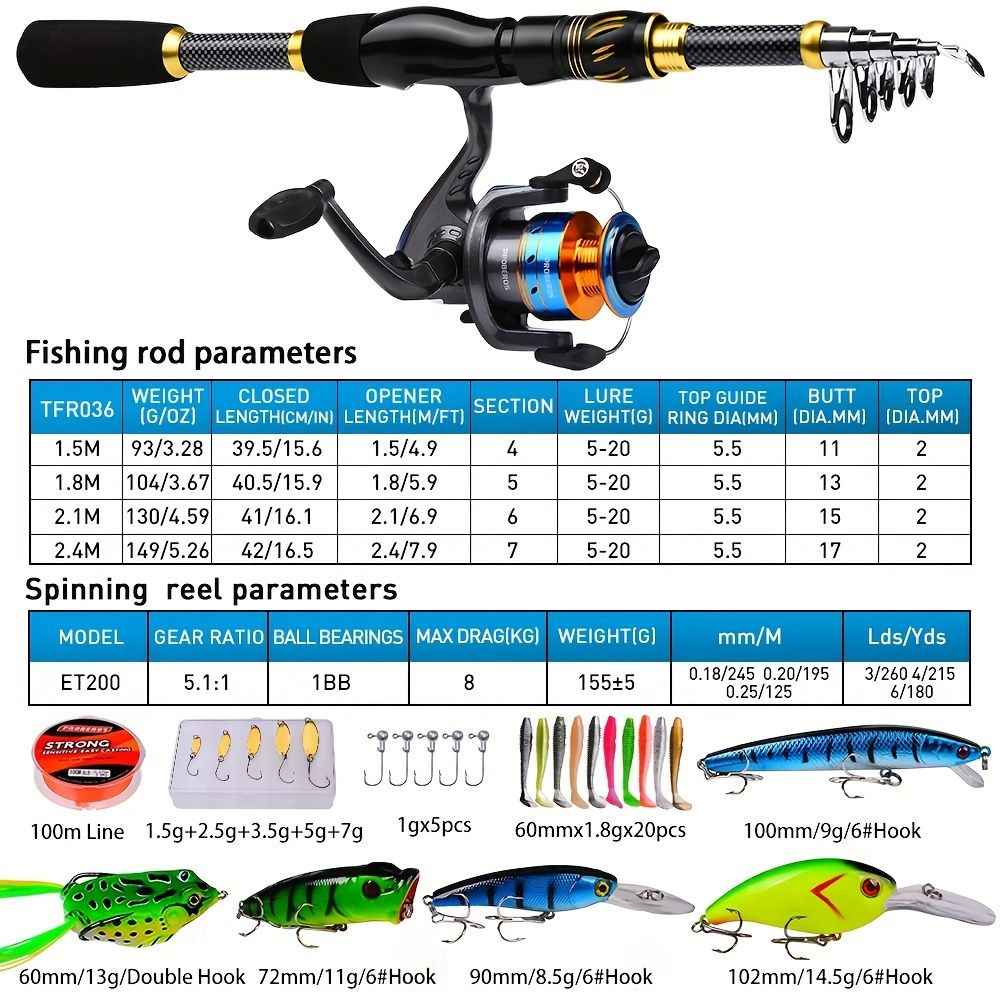 Proberus fishing rod reel set, including spinning reel, 2.4-meter fishing rod, fishing line, artificial bait, lead weight hook, complete set with storage bag