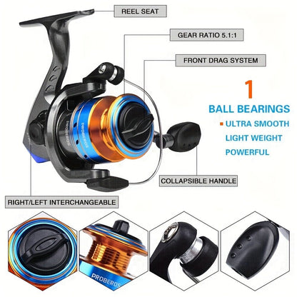 Proberus Fishing Rod and Reel Set - Complete 2.4-Meter Fishing Rod Kit with Spinning Reel, Fishing Line, Bait, Weight Hook, and Storage Bag