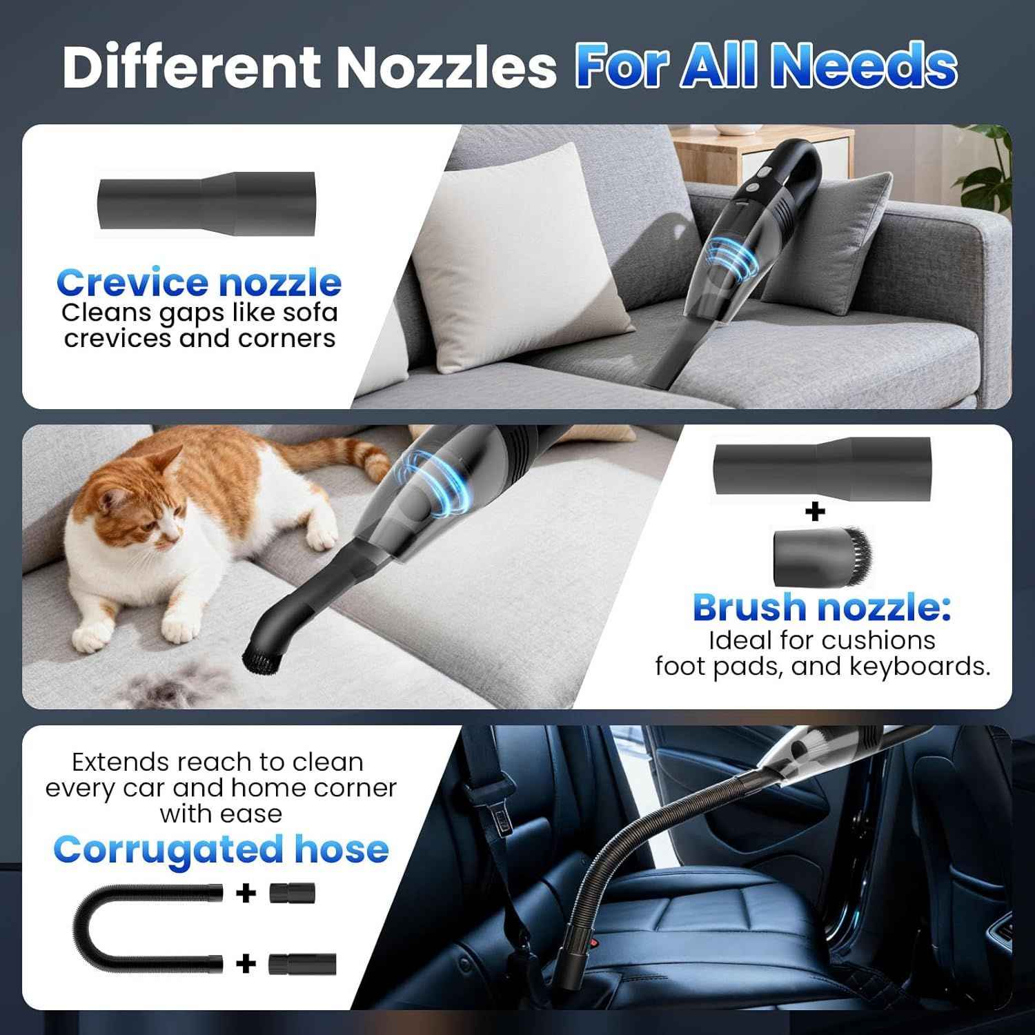 Portable Wireless Handheld Vacuum Cleaner, 11000PA High Power Mini Car Vacuum with Type-C Charging, 4000mAh Battery, 3 Nozzles & 2 Filters for Home Office Car Dust (Black)