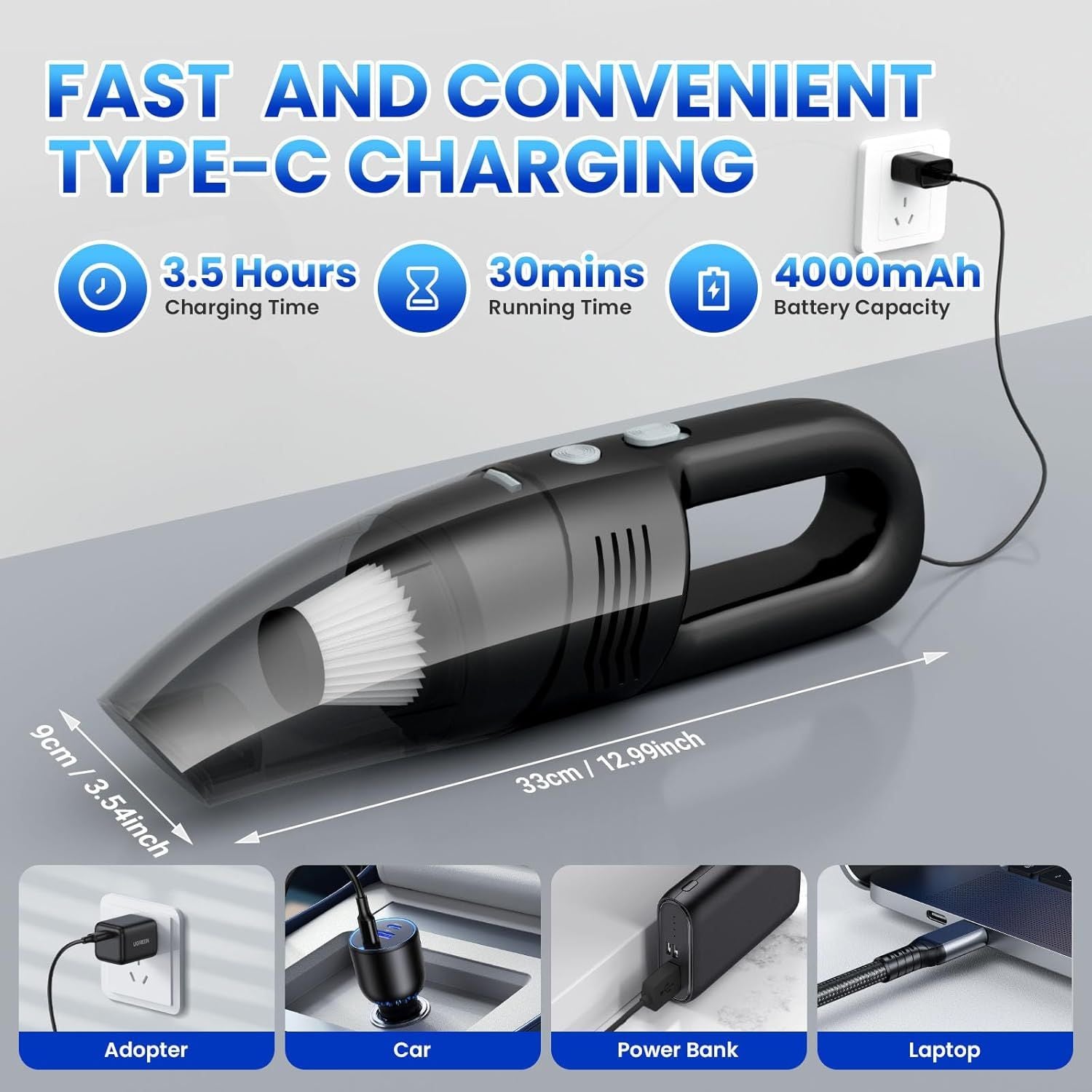 Portable Handheld Vacuum Cleaner - 11000PA High Power Mini Car Vacuum with Type-C Charging, 4000mAh Battery, 3 Nozzles & 2 Filters for Home Office Car Dust (Black)