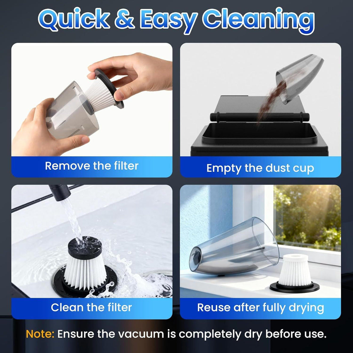 Portable Handheld Vacuum Cleaner - 11000PA High Power Mini Car Vacuum with Type-C Charging, 4000mAh Battery, 3 Nozzles & 2 Filters for Home Office Car Dust (Black)