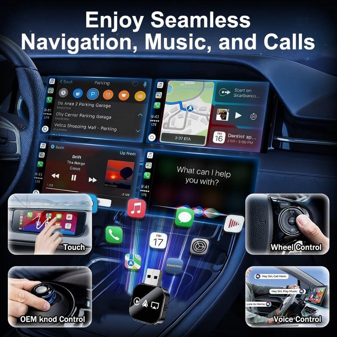 3-in-1 Wireless CarPlay Adapter - Mirror Link for iPhone/Android, Auto Connection, Dual Wi-Fi 2.4/5 GHz & Bluetooth 5.0, Wired to Wireless Mode (2026 Version)