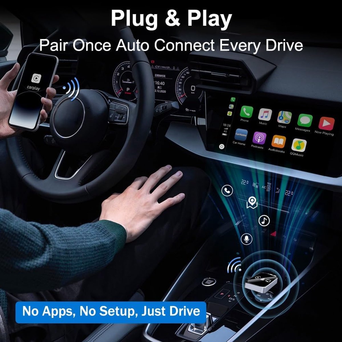 3-in-1 Wireless CarPlay Adapter - Mirror Link for iPhone/Android, Auto Connection, Dual Wi-Fi 2.4/5 GHz & Bluetooth 5.0, Wired to Wireless Mode (2026 Version)
