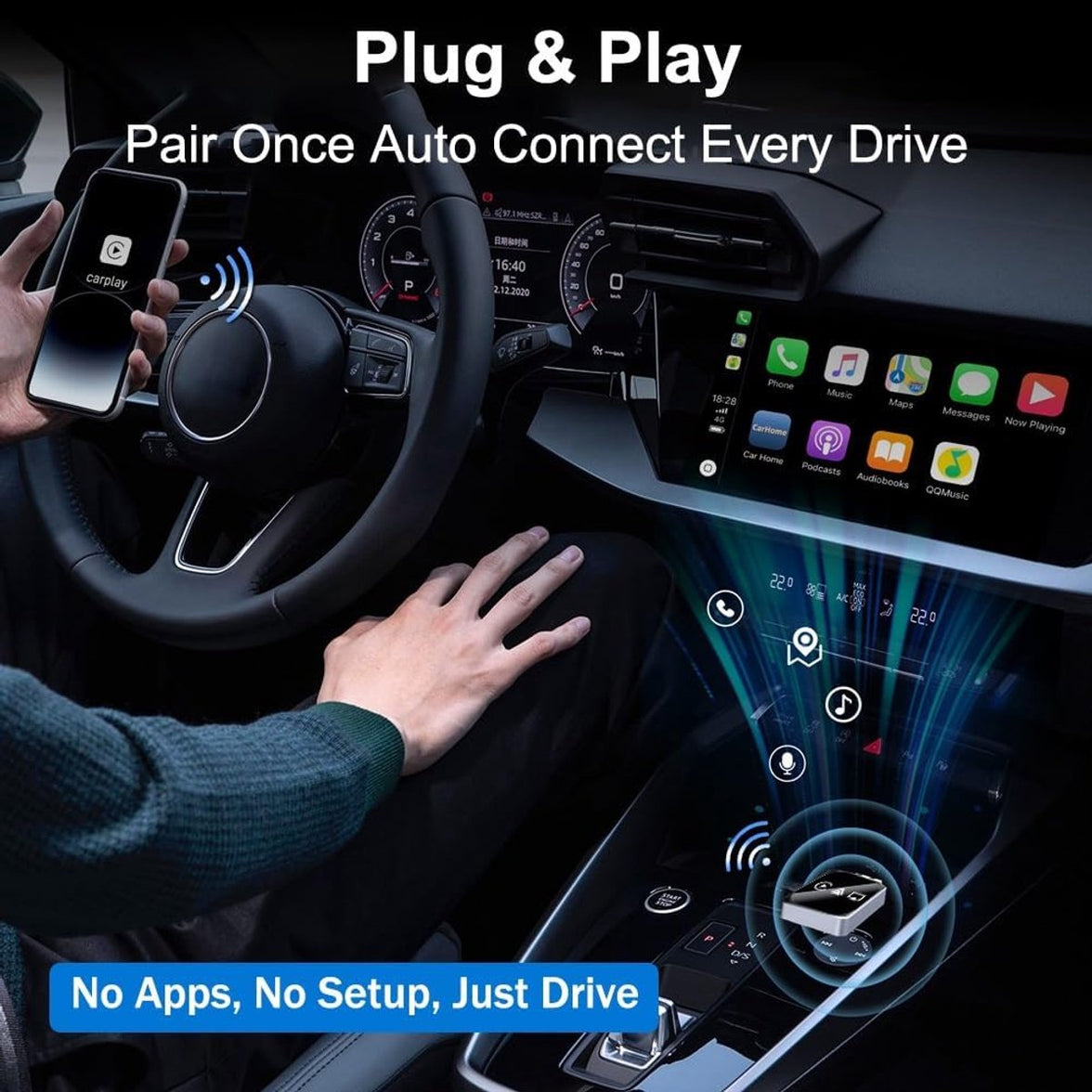 3-in-1 Wireless CarPlay Adapter - Mirror Link for iPhone/Android, Auto Connection, Dual Wi-Fi 2.4/5 GHz & Bluetooth 5.0, Wired to Wireless Mode (2026 Version)