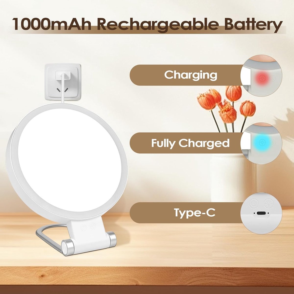 Mirror - Lighted Mirror - Makeup Mirror - 10x Magnifying Mirror - Double-Sided Lighted Makeup Mirror - Adjustable Brightness - Rechargeable and Foldable LED Desktop Mirror - Suitable for Bedroom, Bathroom, and Travel - Wit