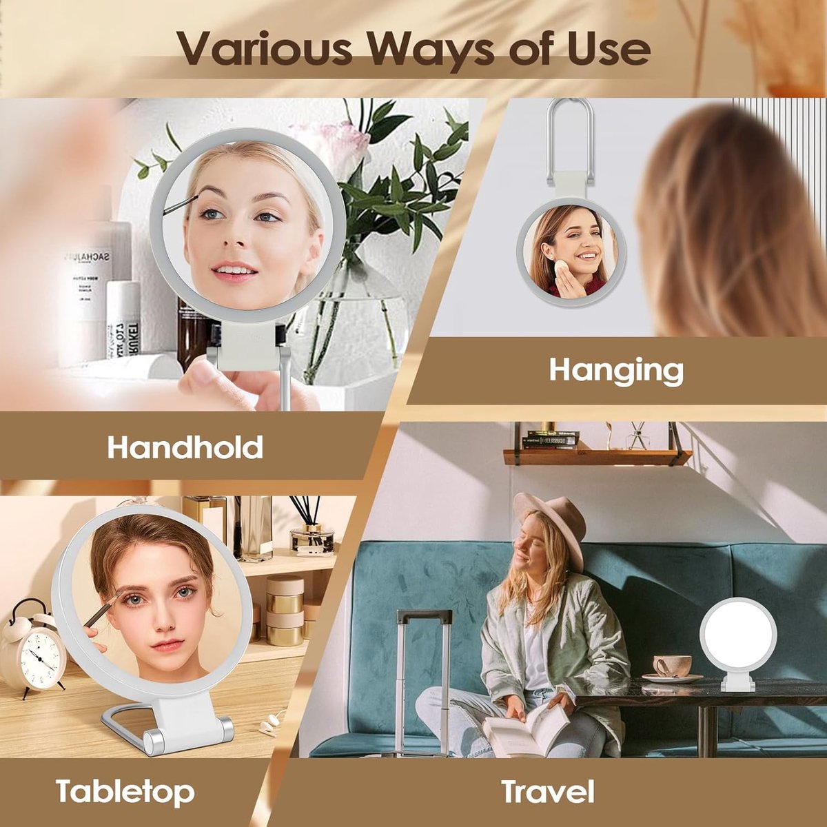 Mirror - Lighted Mirror - Makeup Mirror - 10x Magnifying Mirror - Double-Sided Lighted Makeup Mirror - Adjustable Brightness - Rechargeable and Foldable LED Desktop Mirror - Suitable for Bedroom, Bathroom, and Travel - Wit