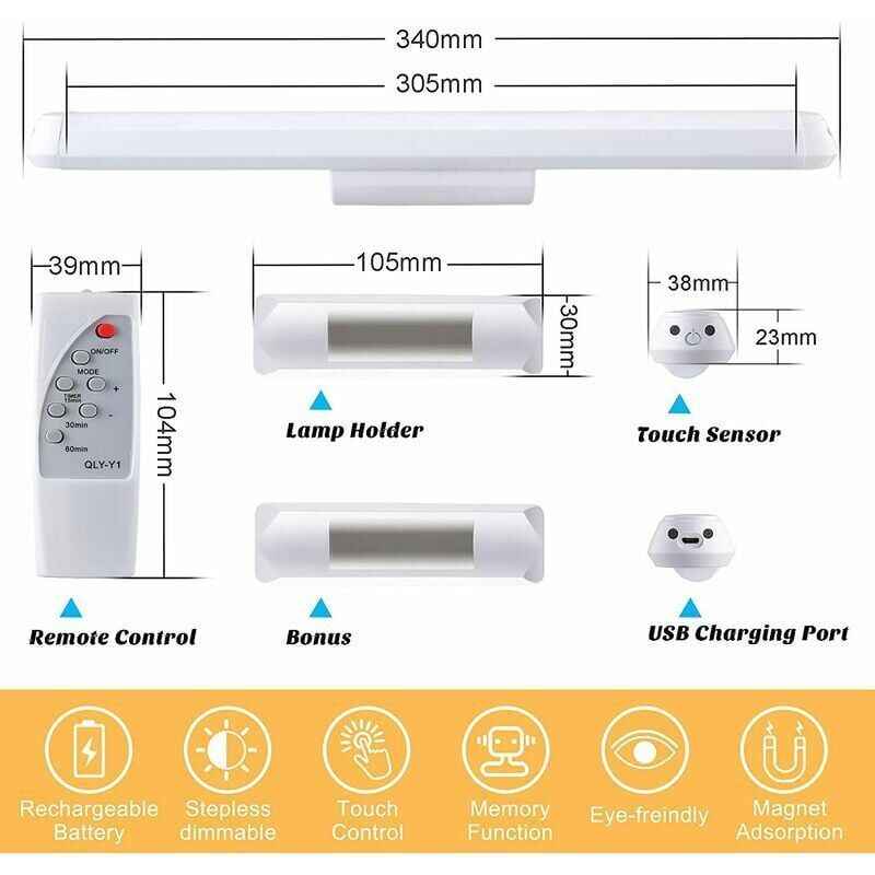 Dimmable LED Cupboard Light with Remote Control & Touch Rechargeable Wall Lamp - 34 cm