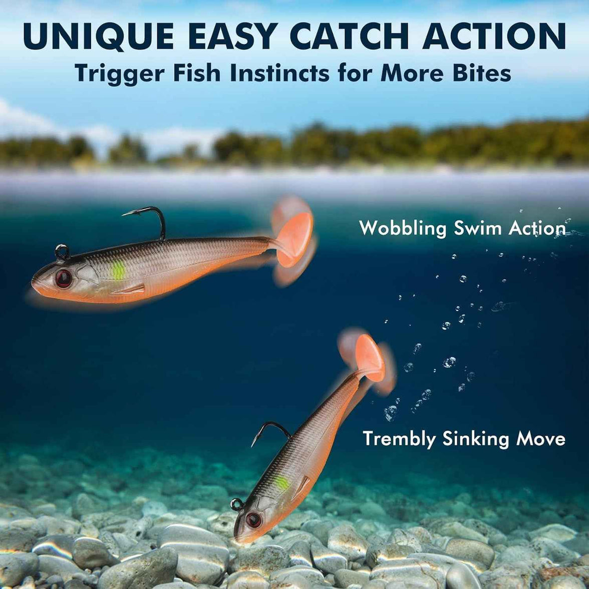 Pre Rigged Soft Swimbait Fishing Lures with Hooks, Sinking Vibration Baits for Bass, Trout, Crappie, Walleye and Freshwater Fishing
