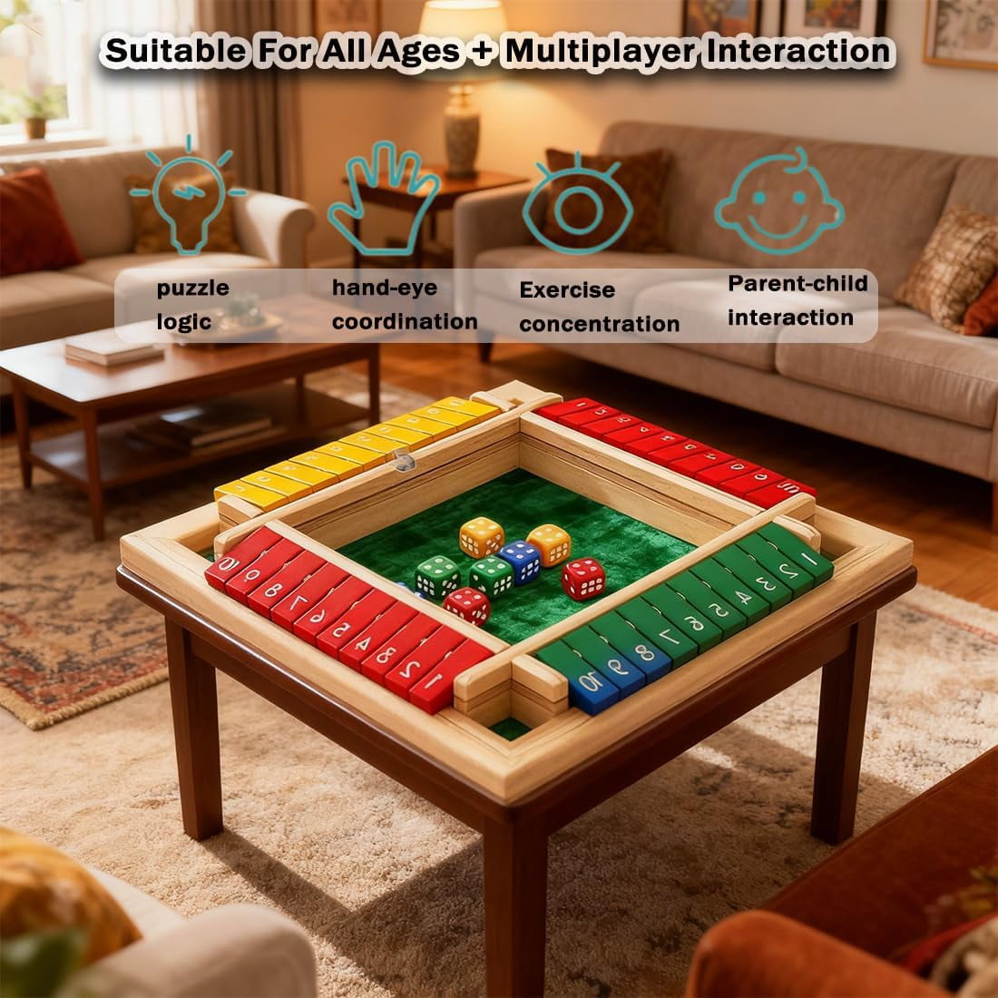 Shut The Box Game - Wooden Dice Board Game for 2-4 Players, Educational Math Game for Family, Friends, and Classroom Fun