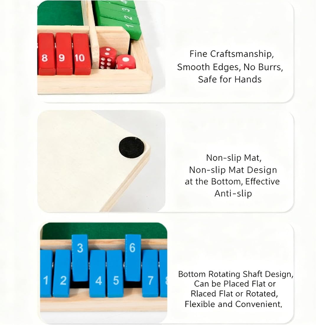 Shut The Box Game - Wooden Dice Board Game for 2-4 Players, Educational Math Game for Family, Friends, and Classroom Fun