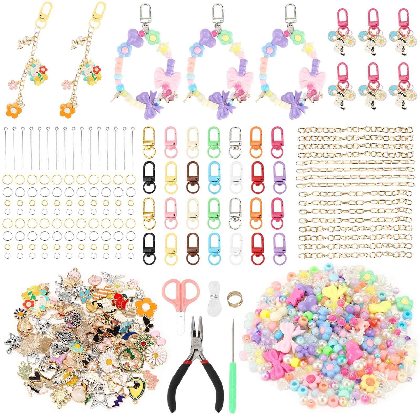 DIY Keychain Making Kit, Includes 300PCS Colorful Beads & 100pcs Charms, Bulk Cute Beaded Keychain Phone Bag Charm Complete Set for Beginners Jewelry Making Accessories Supplies