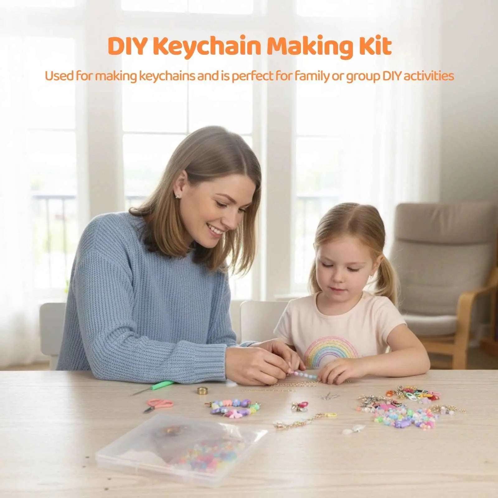 DIY Keychain Making Kit, Includes 300PCS Colorful Beads & 100pcs Charms, Bulk Cute Beaded Keychain Phone Bag Charm Complete Set for Beginners Jewelry Making Accessories Supplies