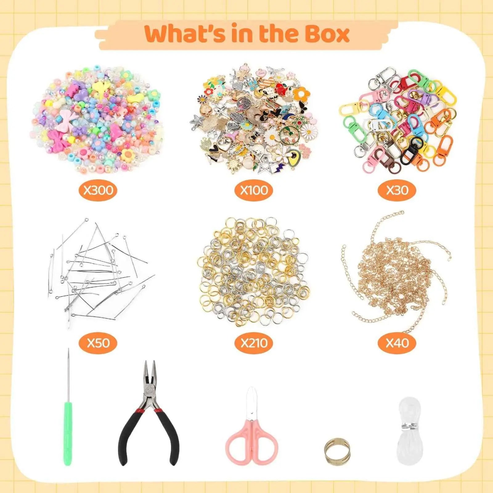 DIY Keychain Making Kit, Includes 300PCS Colorful Beads & 100pcs Charms, Bulk Cute Beaded Keychain Phone Bag Charm Complete Set for Beginners Jewelry Making Accessories Supplies