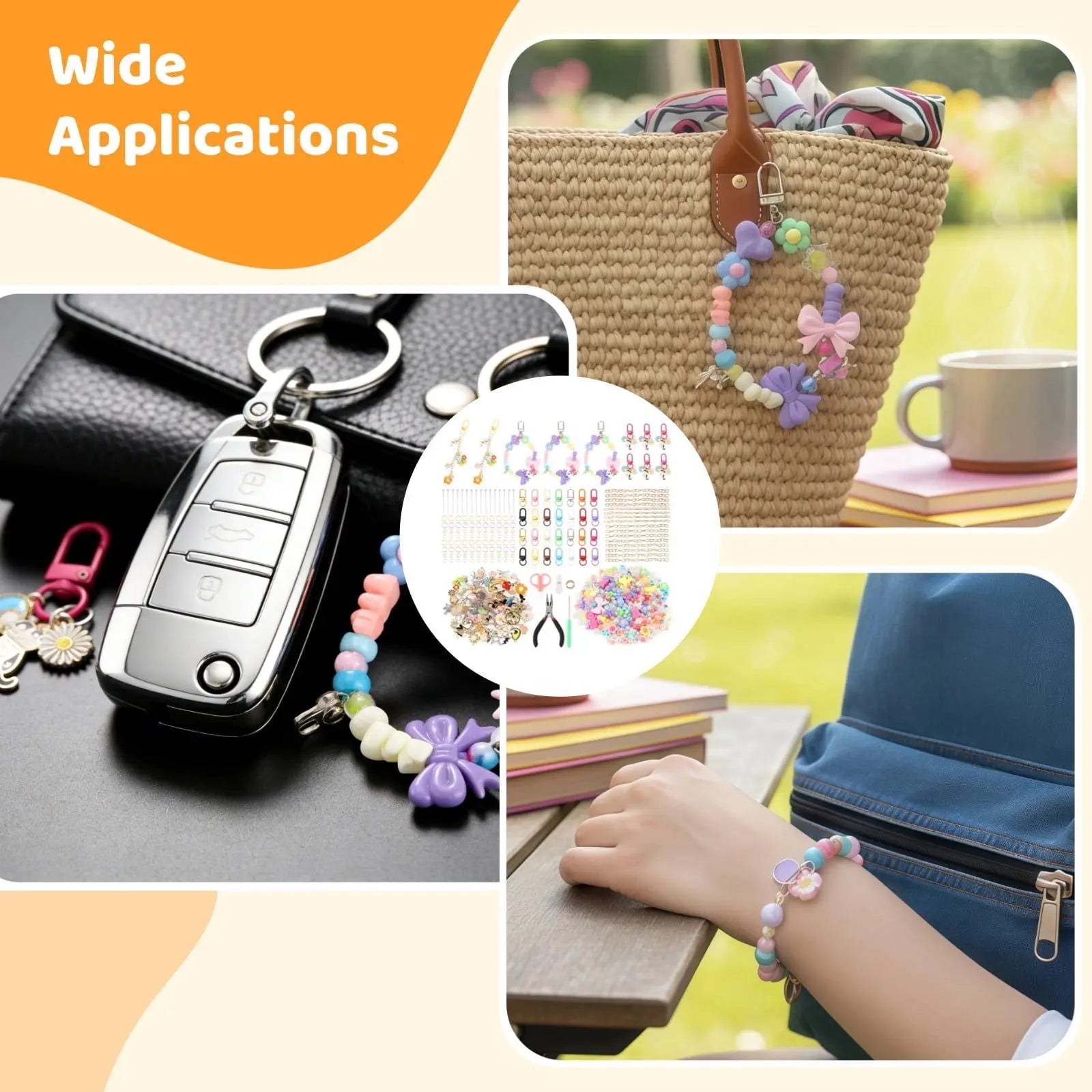 DIY Keychain Making Kit, Includes 300PCS Colorful Beads & 100pcs Charms, Bulk Cute Beaded Keychain Phone Bag Charm Complete Set for Beginners Jewelry Making Accessories Supplies