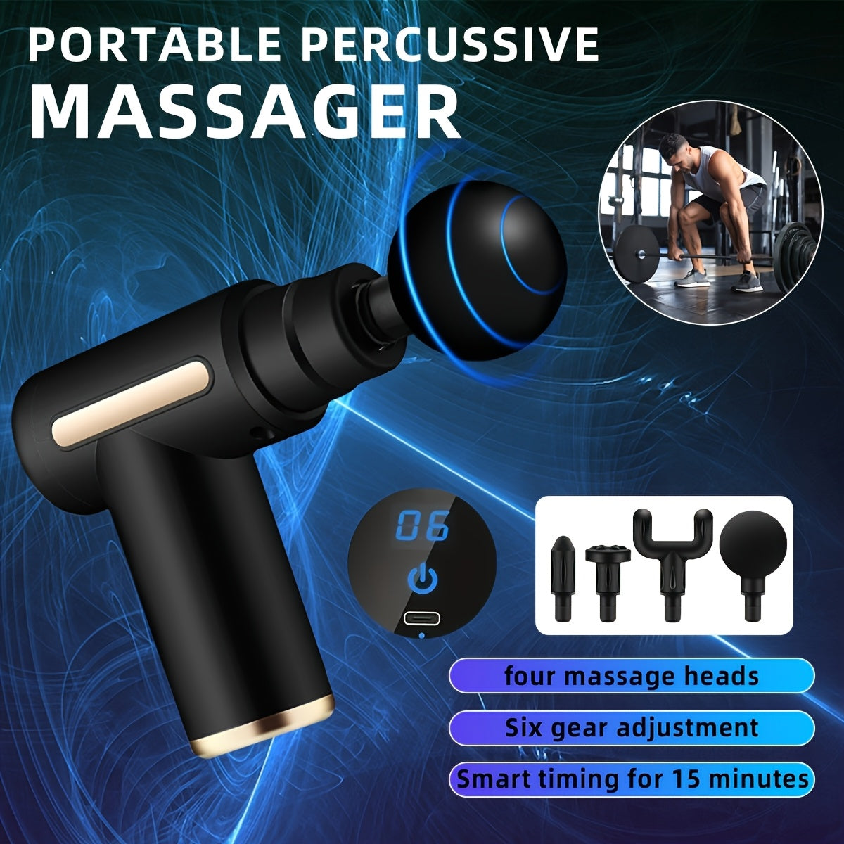 **Portable Deep Tissue Massager | 6-Speed & 4 Heads & 15-Min Timer Professional Muscle Recovery, Anytime Anywhere**