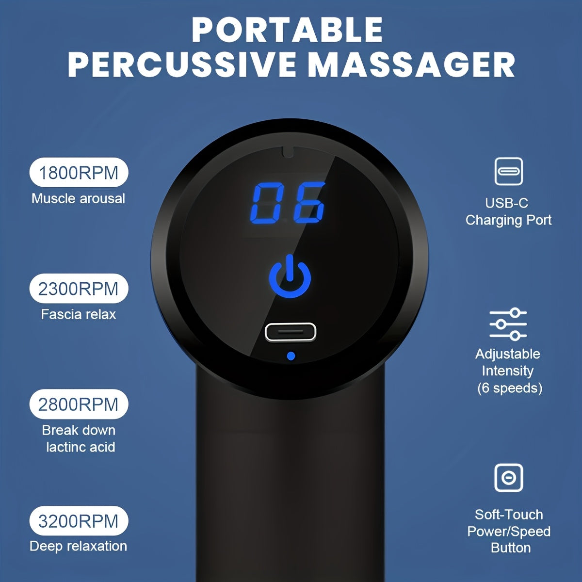 **Portable Deep Tissue Massager | 6-Speed & 4 Heads & 15-Min Timer Professional Muscle Recovery, Anytime Anywhere**