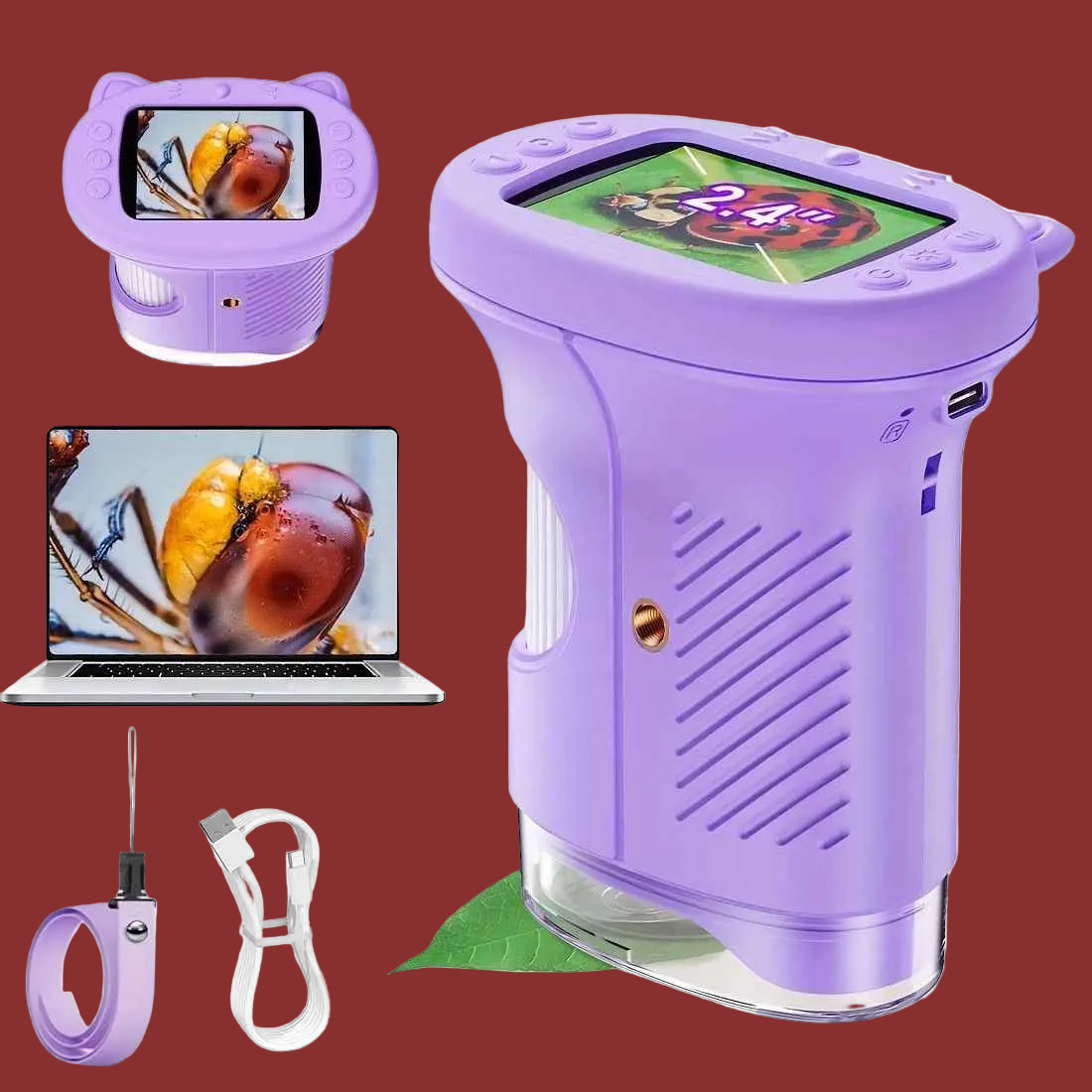 Children's 1000X Digital Microscope 2.4 Inch IPS Screen Portable Mini LED Microscope with Photo Video and PC Connection Science Educational Toy.purple