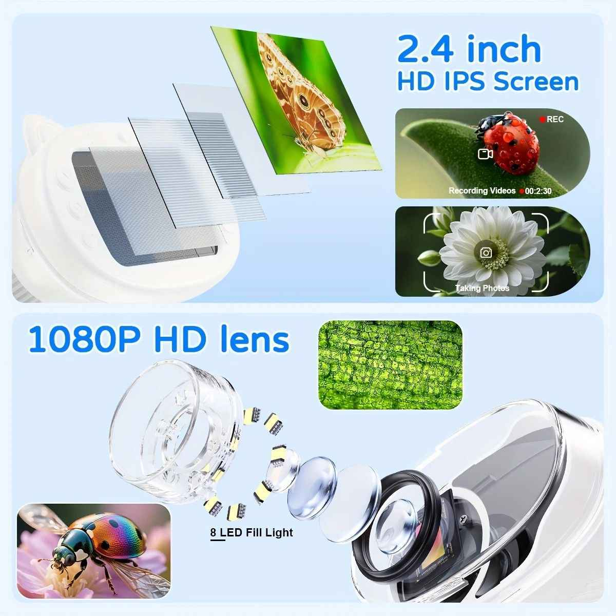 Children's 1000X Digital Microscope 2.4 Inch IPS Screen Portable Mini LED Microscope with Photo Video and PC Connection Science Educational Toy.purple