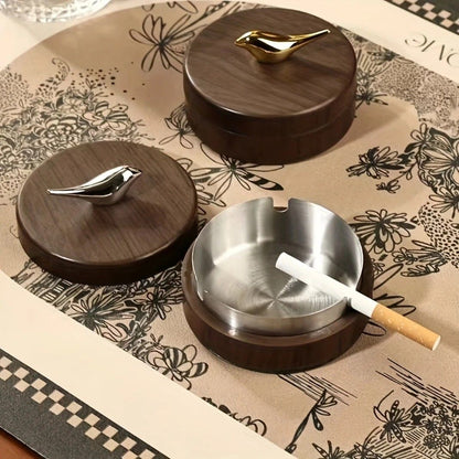 Luxury Desktop Ashtray | Creative High-End Living Room Decor, Personalized Car Ashtray with Lid, Retro Aesthetic, Perfect Gift for Homeowners, Golden Bird Golden Liner