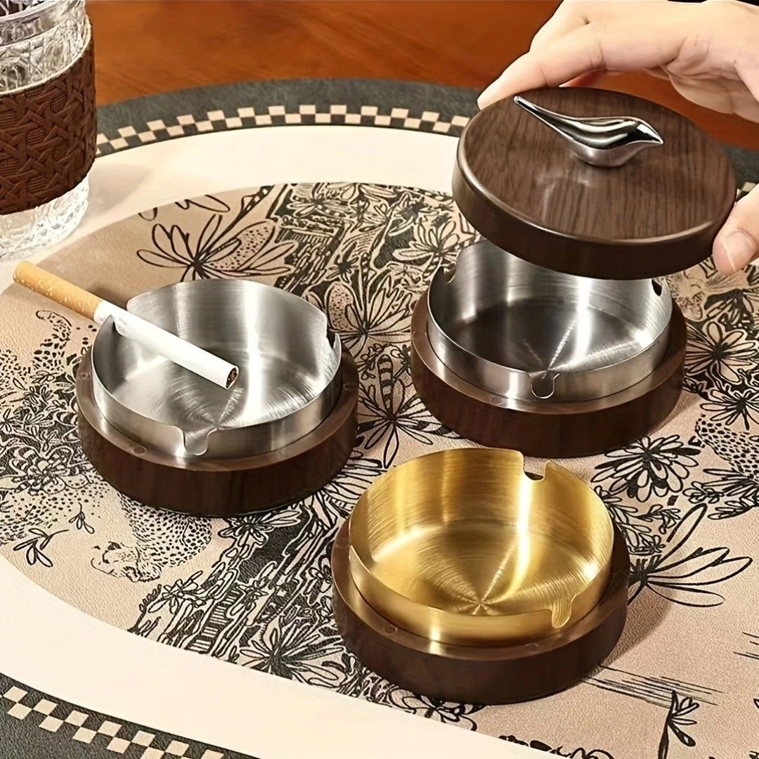 Luxury Desktop Ashtray | Creative High-End Living Room Decor, Personalized Car Ashtray with Lid, Retro Aesthetic, Perfect Gift for Homeowners, Golden Bird Golden Liner