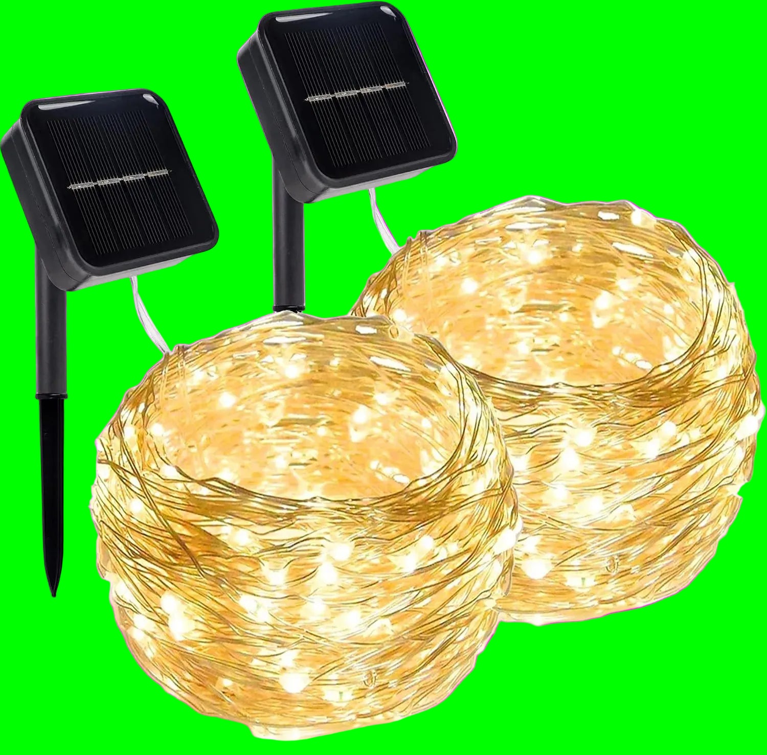 Two solar-powered string lights with copper wire and LED bulbs on a white background.