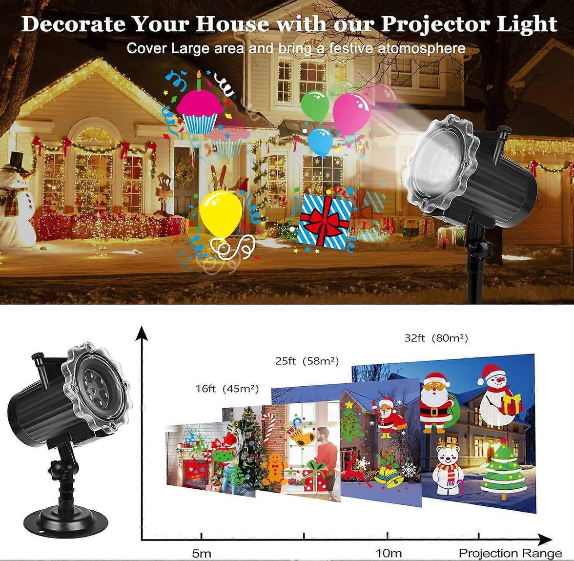 Christmas LED Projector Lamp with 16 Snowflake Patterns for Outdoor Decoration