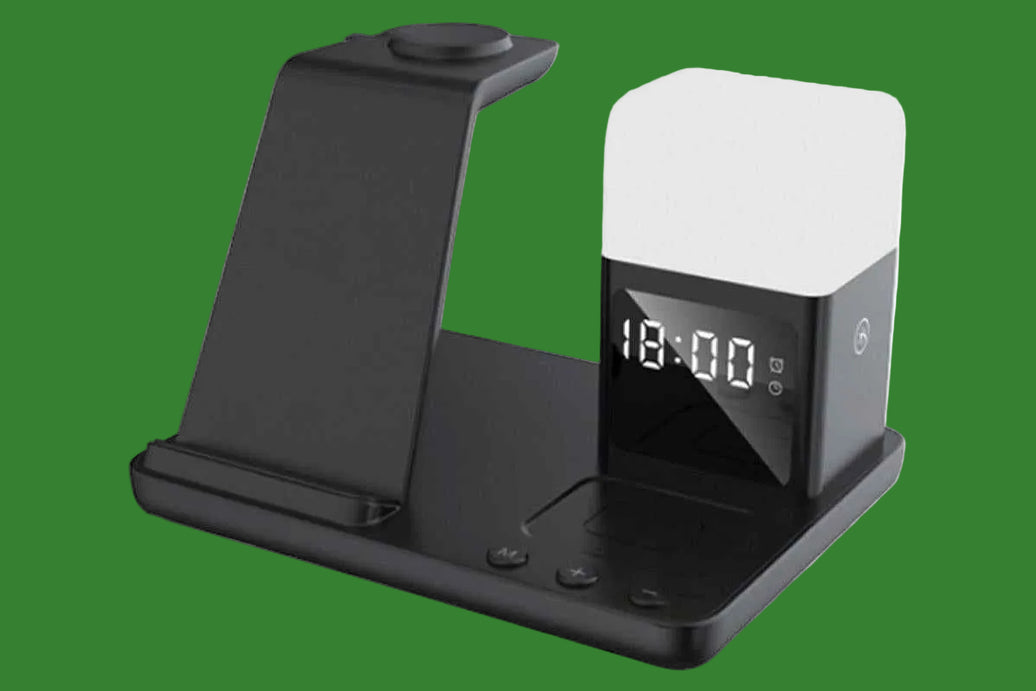 6 in 1 Wireless Charging Station with Alarm Clock and Night Light for Smartphone, Watch, and Earbuds Fast Charging