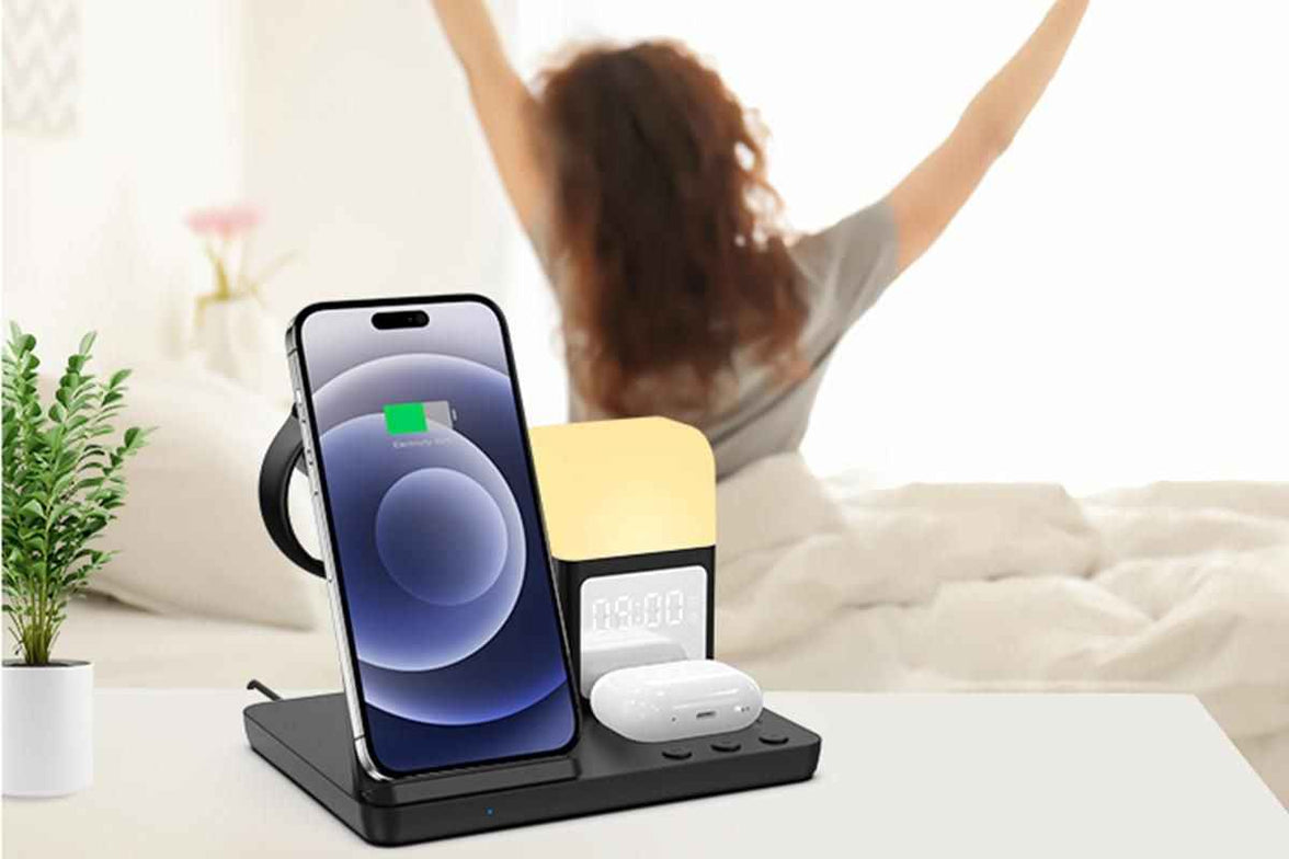 6 in 1 Wireless Charging Station with Alarm Clock and Night Light for Smartphone, Watch, and Earbuds Fast Charging