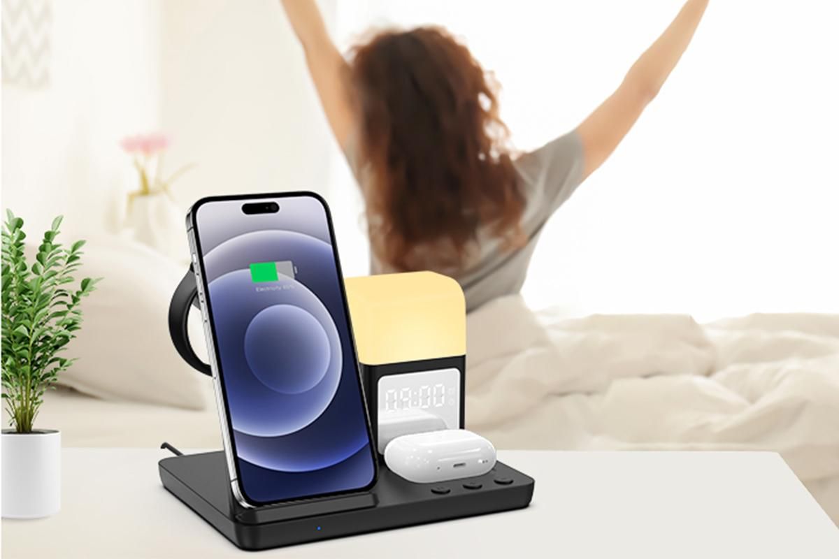 6 in 1 Wireless Charging Station with Alarm Clock and Night Light for Smartphone, Watch, and Earbuds Fast Charging
