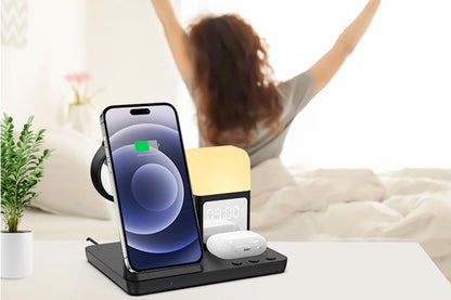 6 in 1 Wireless Charging Station with Alarm Clock and Night Light for Smartphone, Watch, and Earbuds Fast Charging