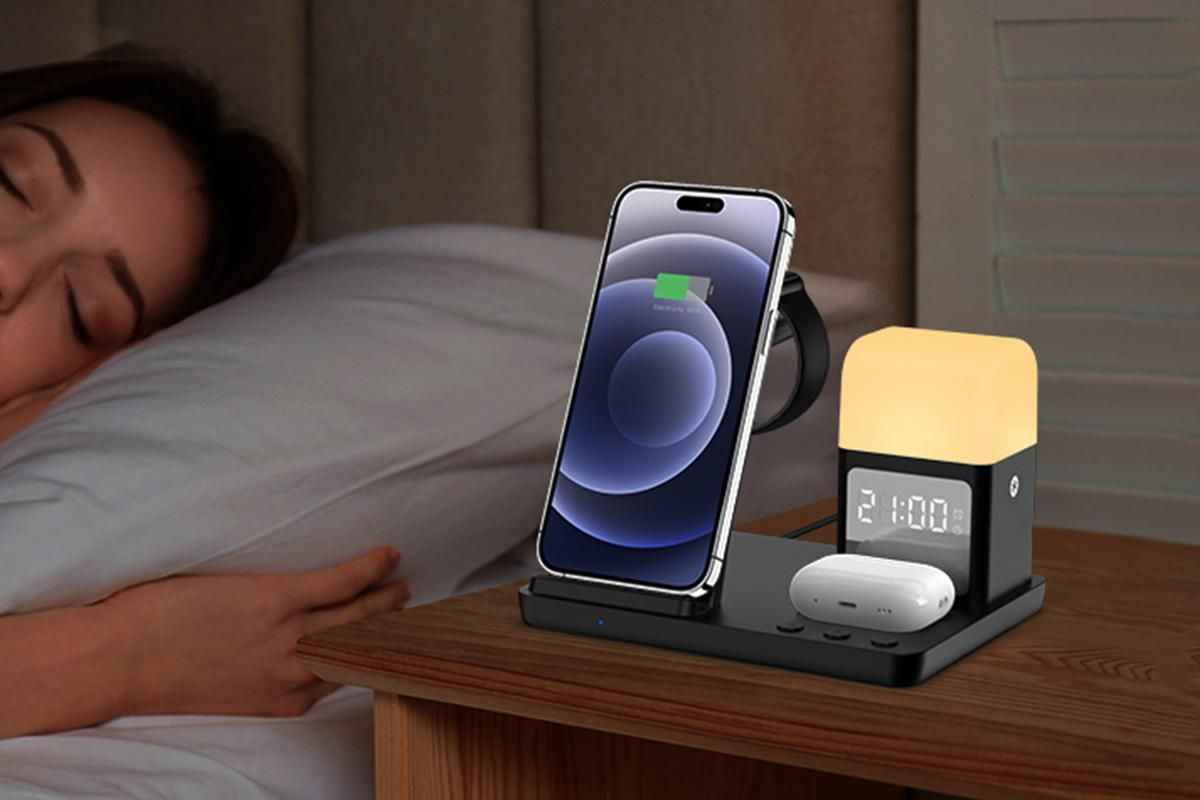 6 in 1 Wireless Charging Station with Alarm Clock and Night Light for Smartphone, Watch, and Earbuds Fast Charging