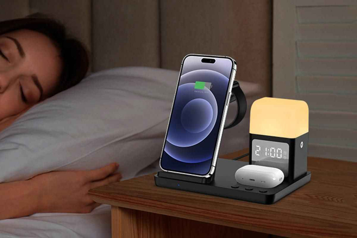 6 in 1 Wireless Charging Station with Alarm Clock and Night Light for Smartphone, Watch, and Earbuds Fast Charging