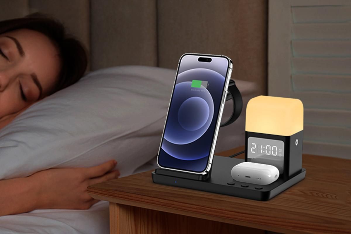 6 in 1 Wireless Charging Station with Alarm Clock and Night Light for Smartphone, Watch, and Earbuds Fast Charging