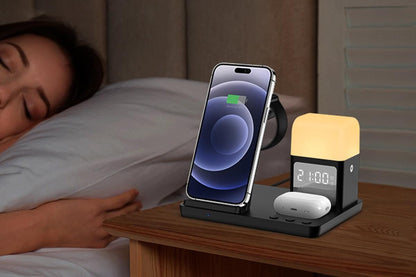 6 in 1 Wireless Charging Station with Alarm Clock and Night Light for Smartphone, Watch, and Earbuds Fast Charging