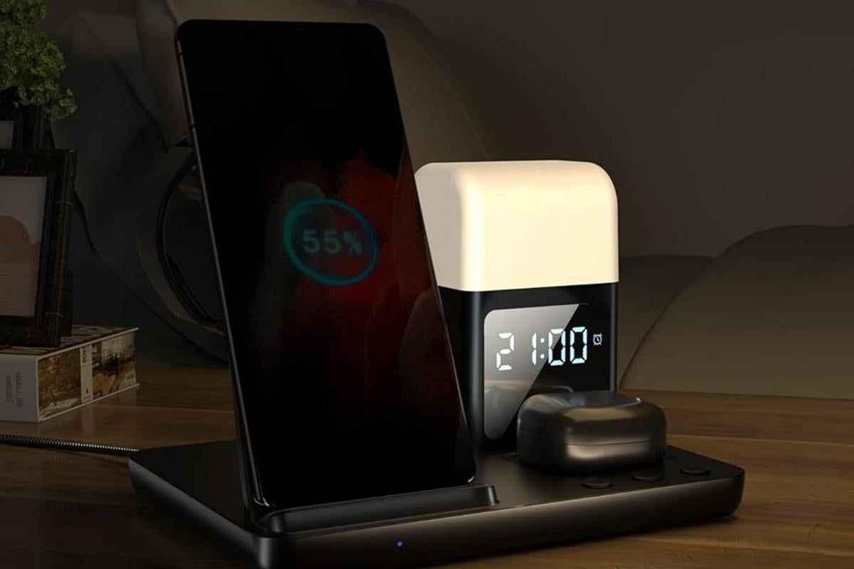 6 in 1 Wireless Charging Station with Alarm Clock and Night Light for Smartphone, Watch, and Earbuds Fast Charging