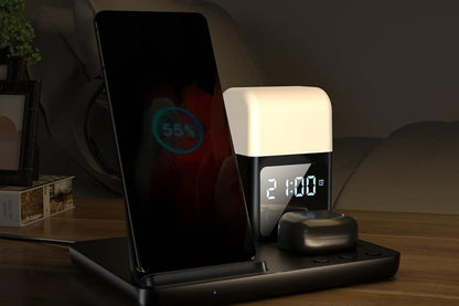 6 in 1 Wireless Charging Station with Alarm Clock and Night Light for Smartphone, Watch, and Earbuds Fast Charging