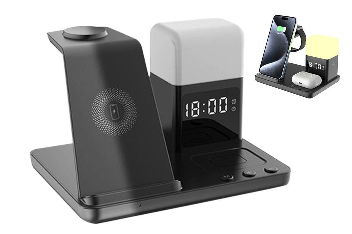 6 in 1 Wireless Charging Station with Alarm Clock and Night Light for Smartphone, Watch, and Earbuds Fast Charging