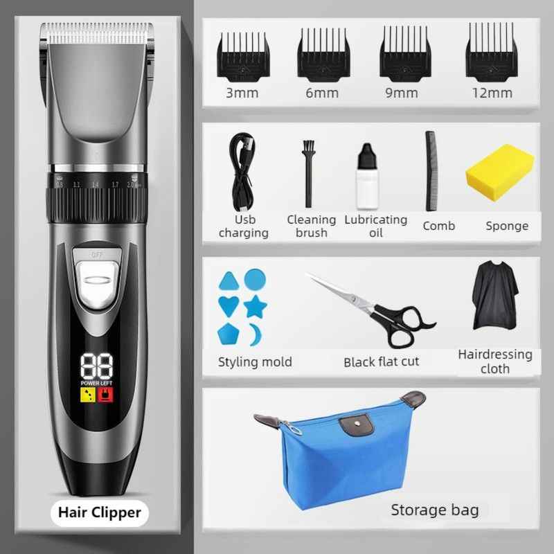 Digital Display Electric Hair Clipper, Rechargeable Hair Trimmer for Adults & Kids, Multiple Attachments—Black