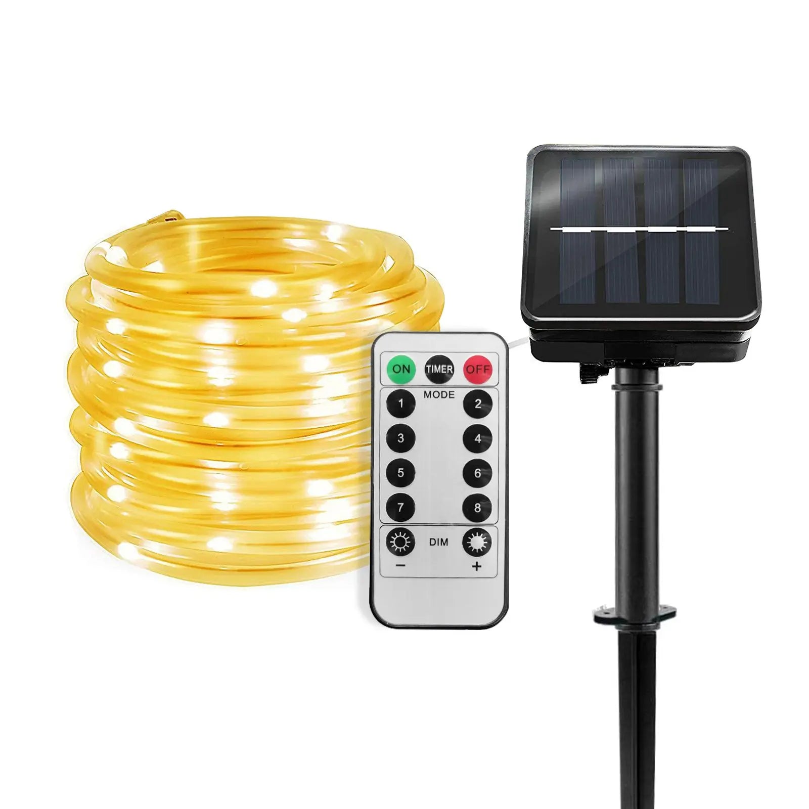 Solar Christmas Rope Lights, 39.4ft 100-LED Warm White Solar String Lights with Remote, 8 Modes, Timer & Dimmable Brightness, IP65 for Indoor and Outdoor Decor