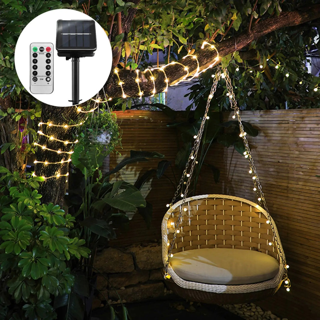 Solar Christmas Rope Lights, 39.4ft 100-LED Warm White Solar String Lights with Remote, 8 Modes, Timer & Dimmable Brightness, IP65 for Indoor and Outdoor Decor