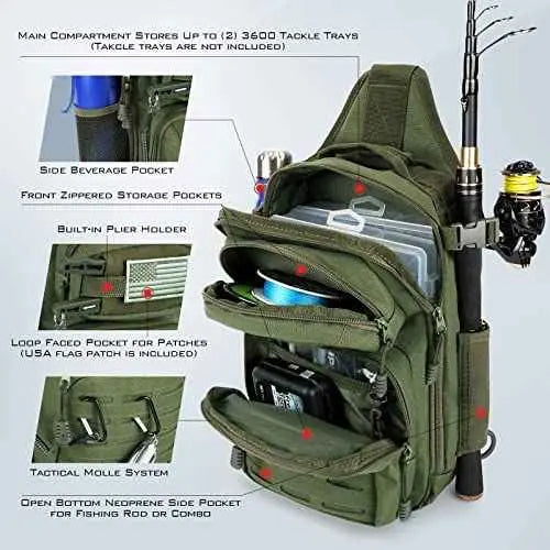Fishing Sling Bag for Anglers, Perfect for Remote Fishing Adventures, Hiking, Kayaking (Olive Green)