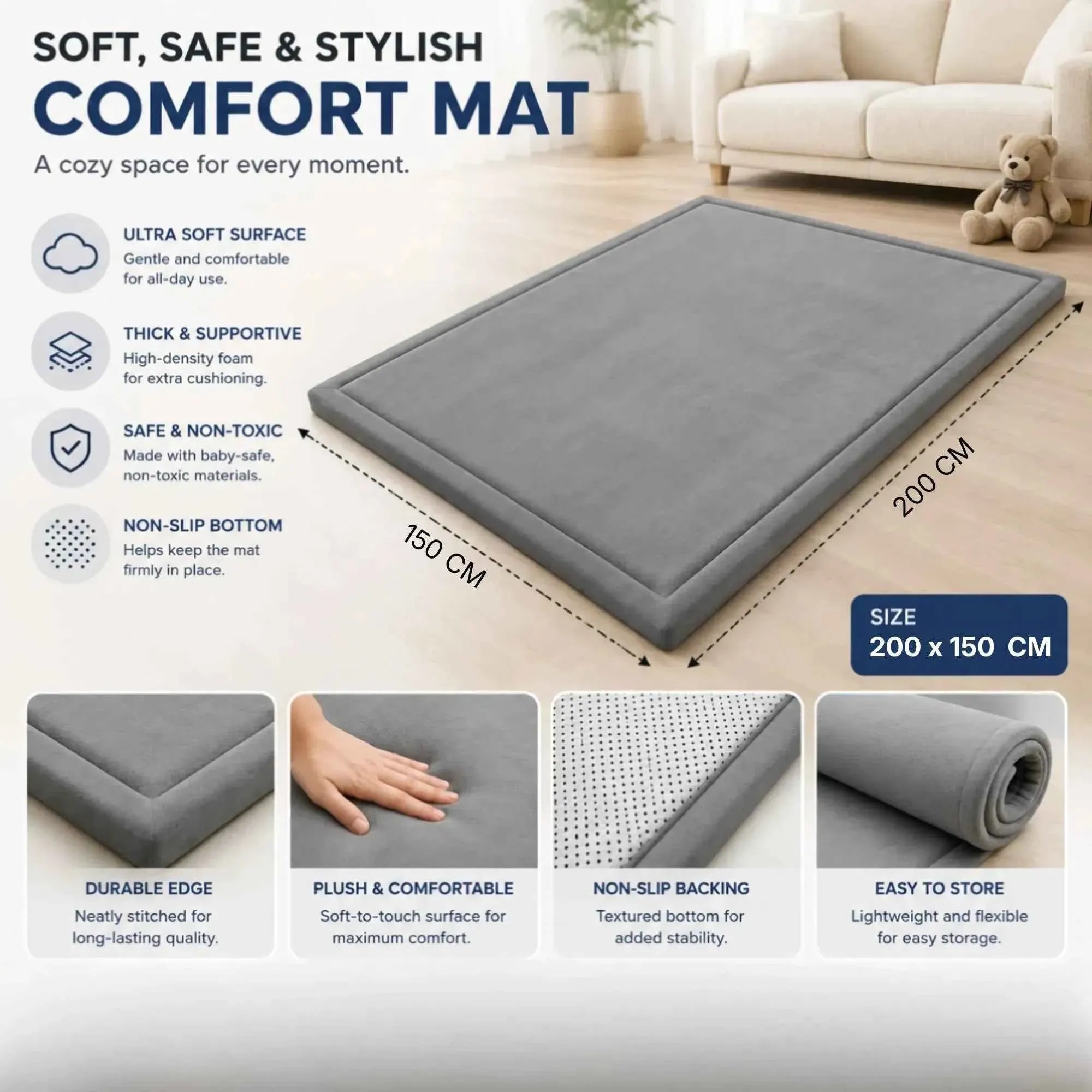 CARLA HOME Baby Play Mat 150x200cm, Thick Foam Crawling Mat, Infants, Grey