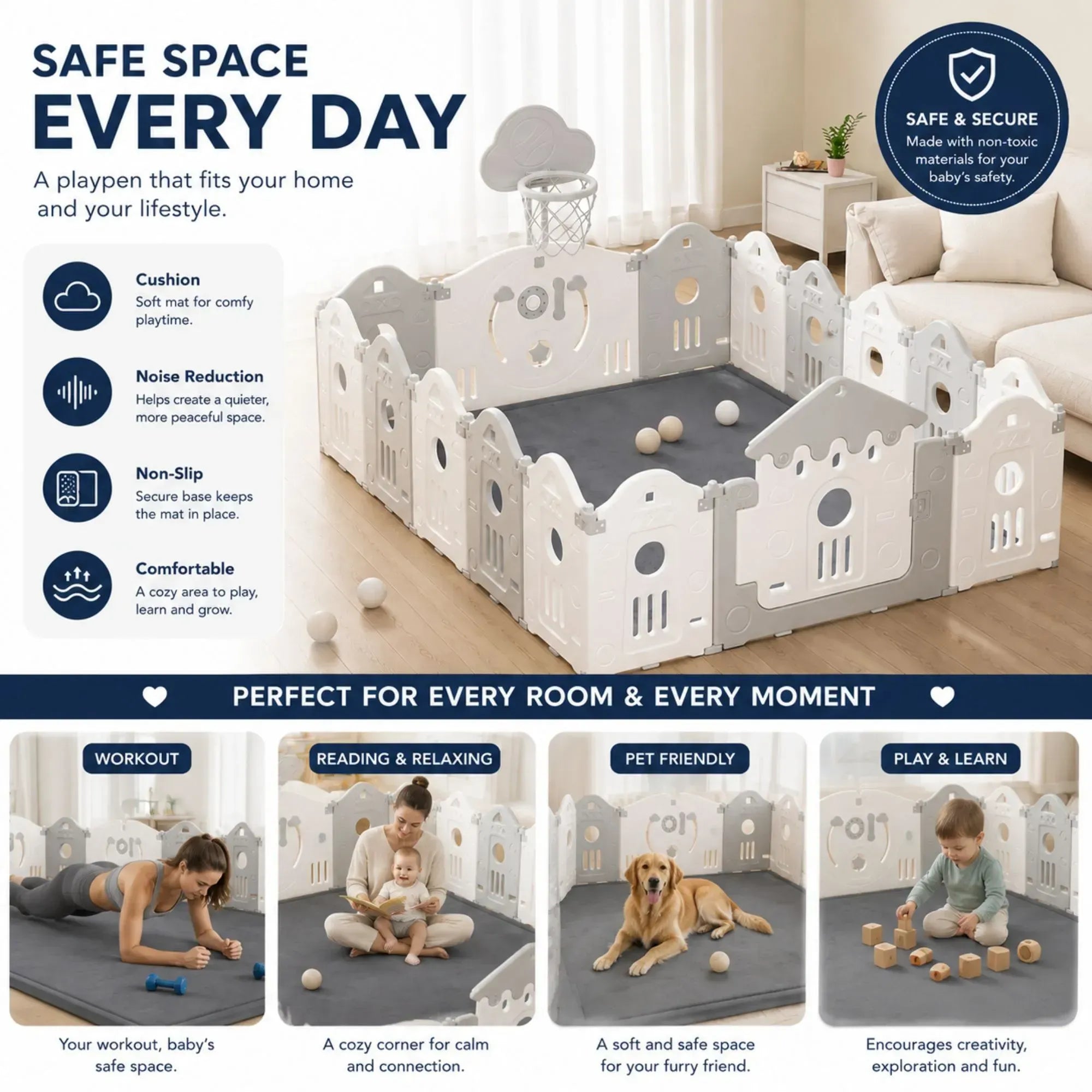 CARLA HOME Baby Play Mat 150x200cm, Thick Foam Crawling Mat, Infants, Grey