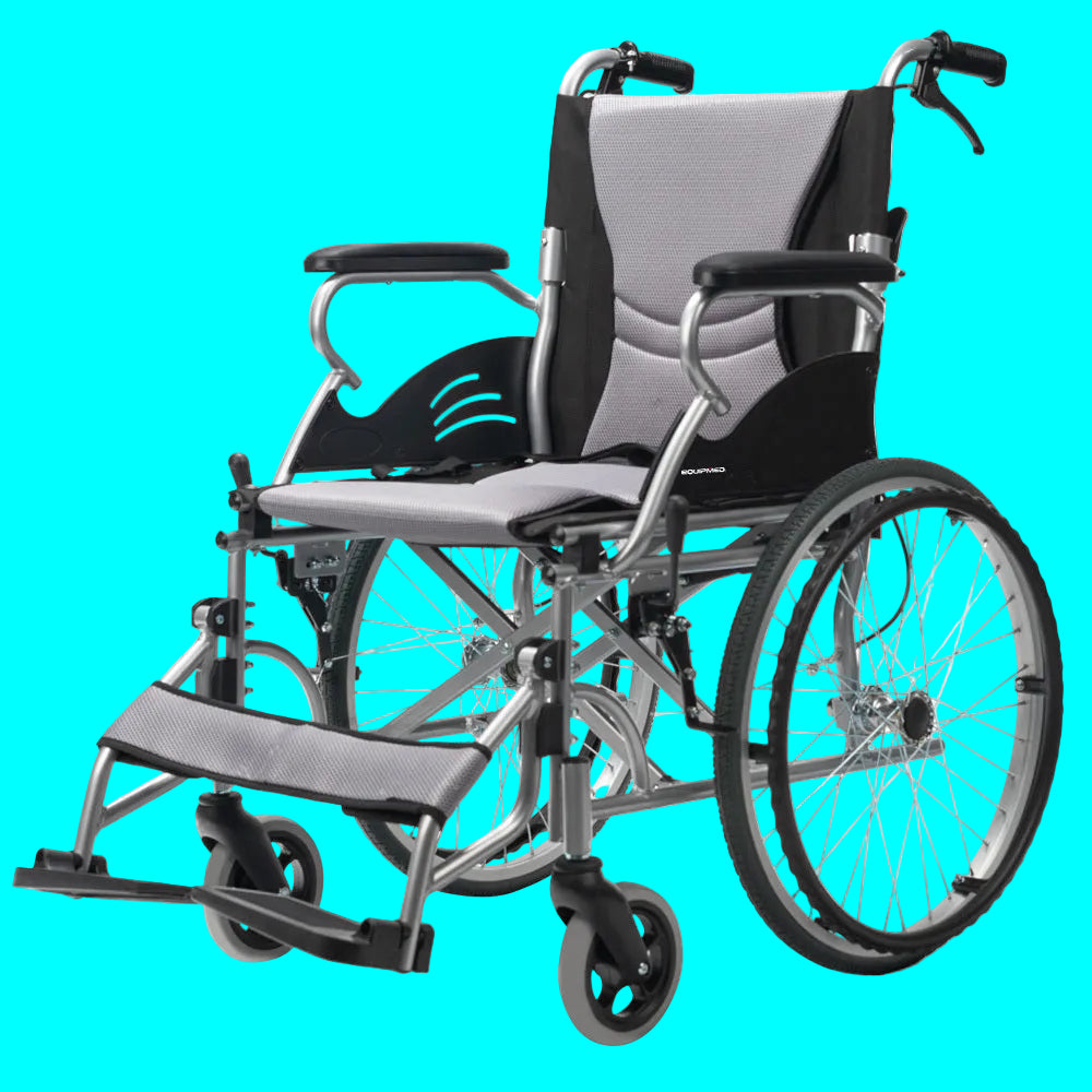 EQUIPMED Folding Aluminium Wheelchair, 20" Wheels, Park Brakes, 100kg Capacity, Grey/Black