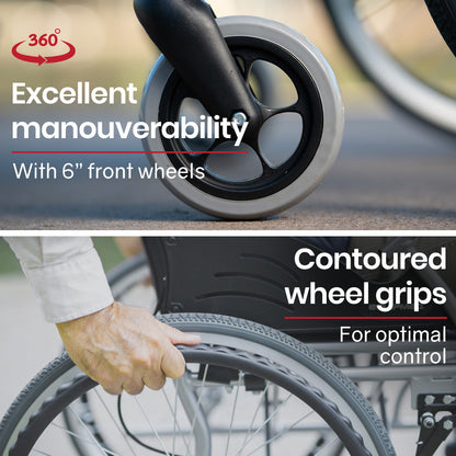 EQUIPMED Folding Aluminium Wheelchair, 20" Wheels, Park Brakes, 100kg Capacity, Grey/Black
