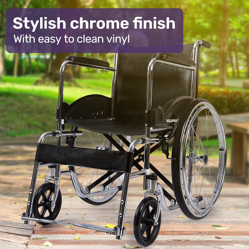 Equipmed Folding Manual Wheelchair Self Propelled, 24" Rear Wheels, Chrome Steel Frame, 46cm Wide Seat, 100kg Capacity, Park Brakes