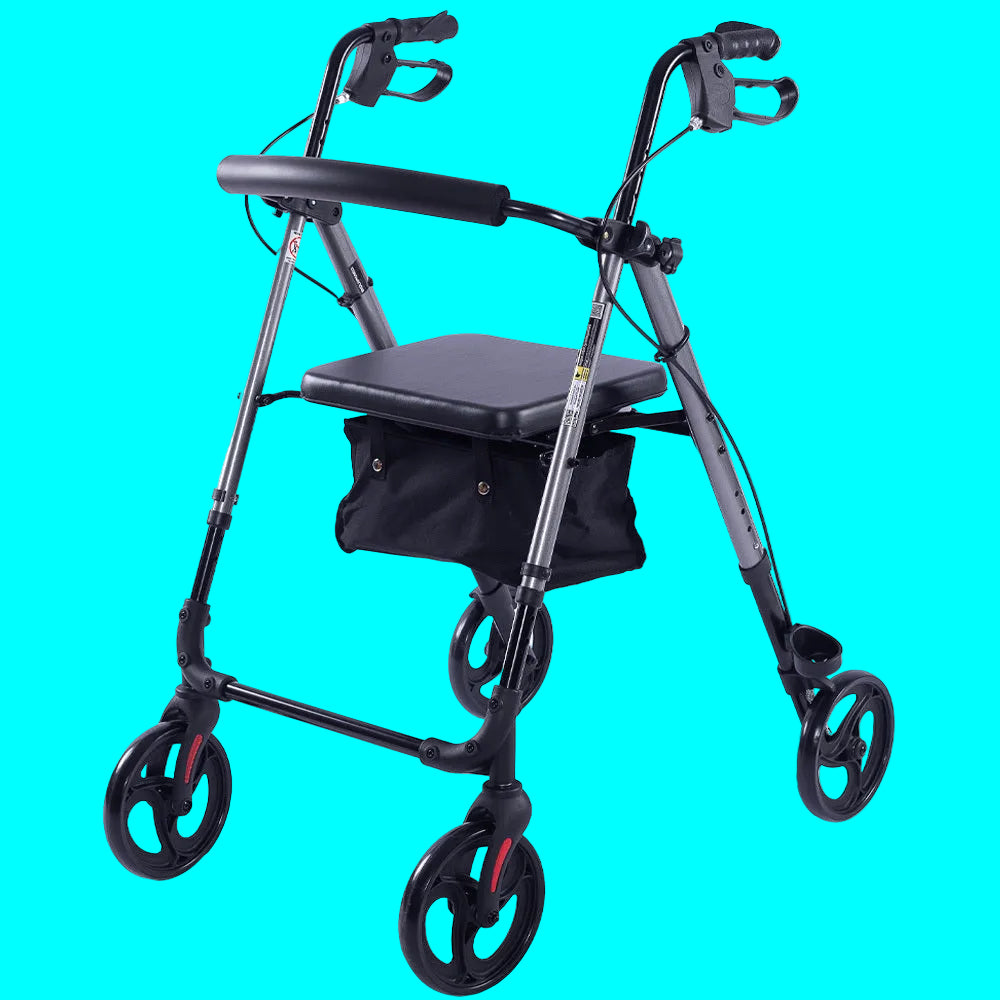 Black rollator with seat on a white background