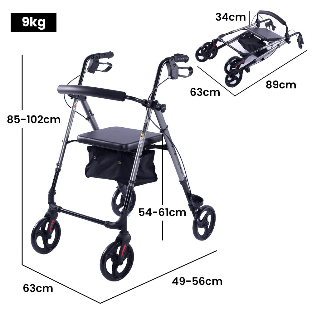EQUIPMED 4 Wheel Lightweight Rollator Walker for Seniors - Aluminium Frame, Seat, Carry Bag, Titanium Style